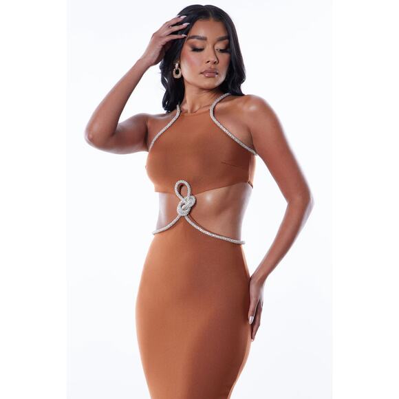 Fashion Nova Luxe NWT Knotty Embellished Bodycon Maxi Dress Cognac Brown Size L - Picture 4 of 14